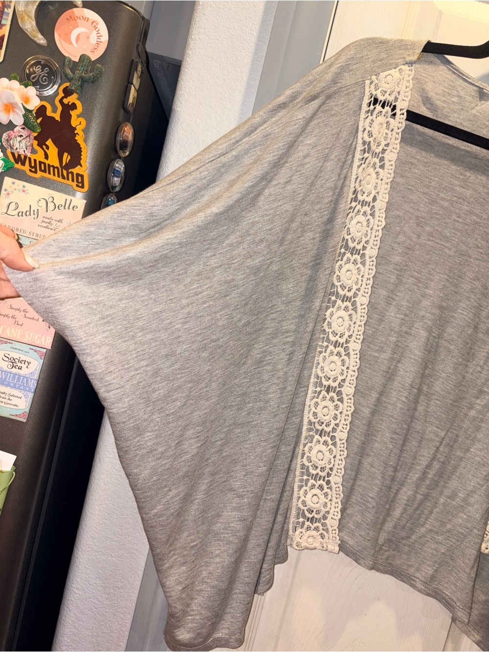 Lace-Trim Gray Women's Draped Cardigan - Lightweight Kimono
